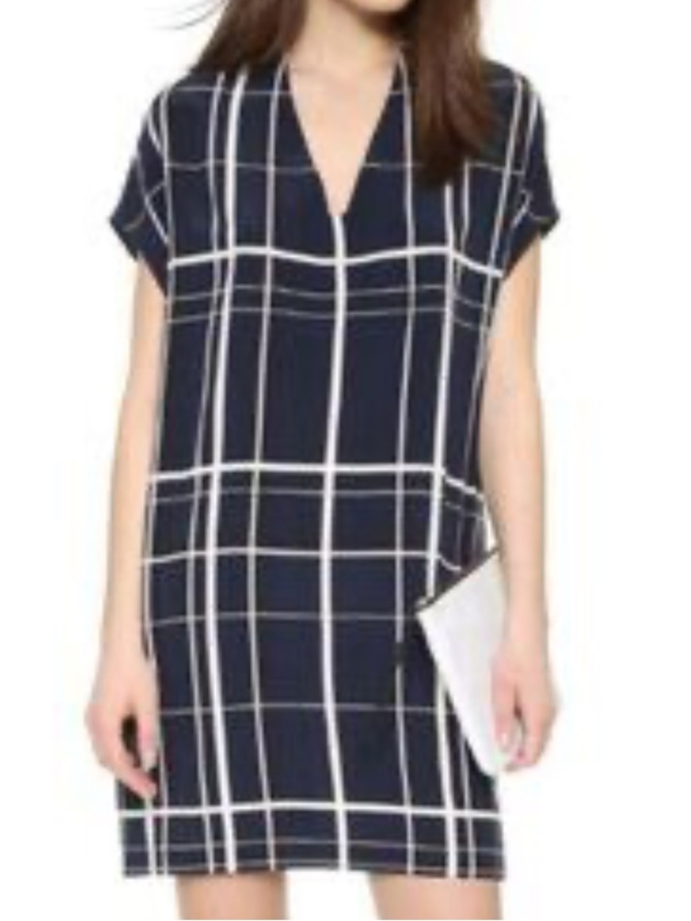 Vince Navy and White Windowpane V-Neck Silk Dress
